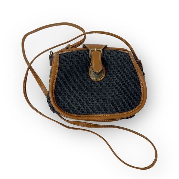 Vintage Capezio Small Raffia Saddle Shoulder Bag Purse Black Brown Flawed - Picture 1 of 12